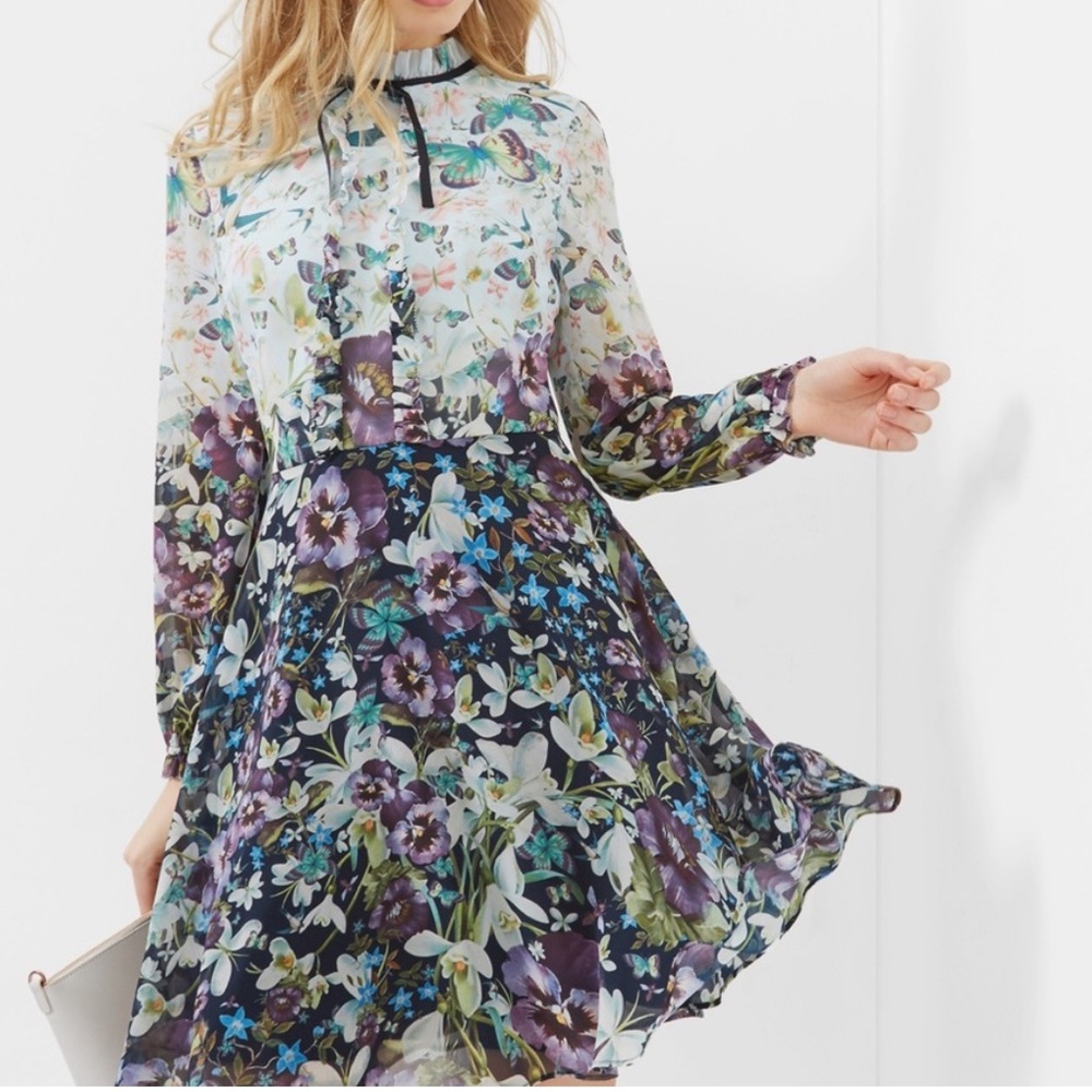 Ted Baker Floral Mini Dress in Navy, Purple and White Size 2 or Small